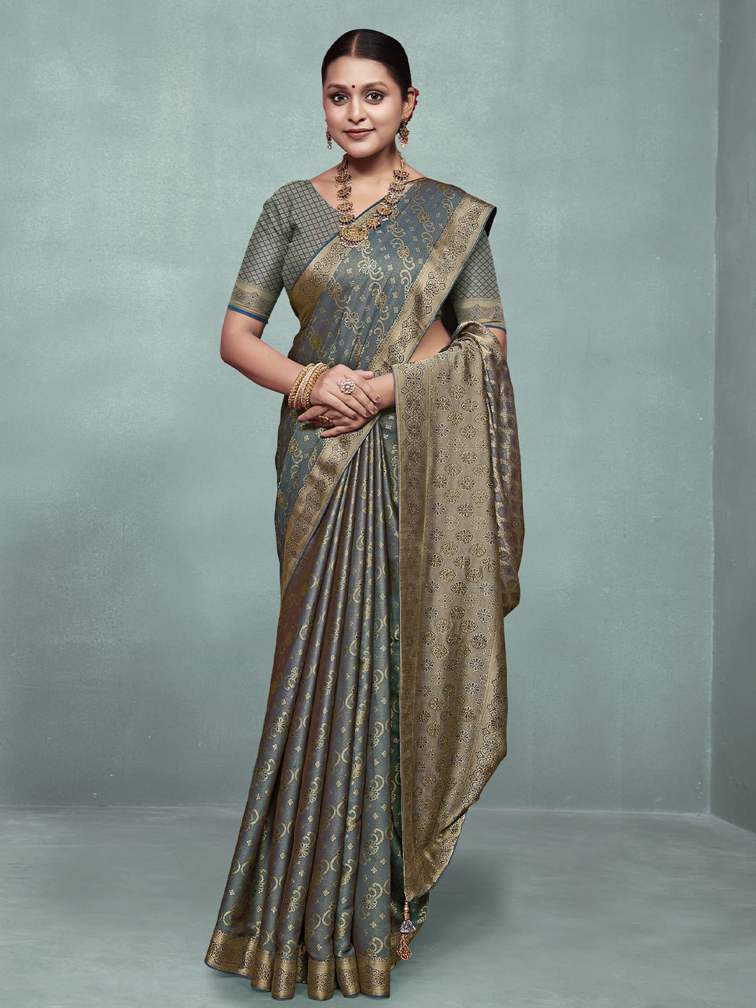 

NIRMAL CREATION Woven Design Zari Pure Silk Saree, Grey