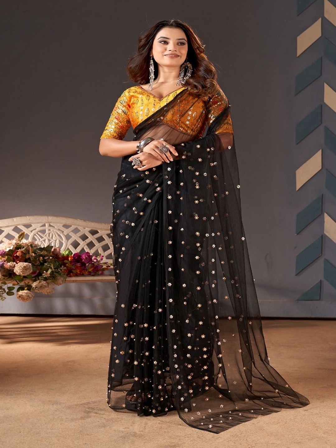

SANJANA SILK Ethnic Motifs Sequinned Net Saree, Black