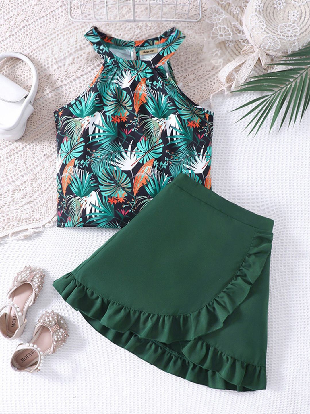 

INCLUD Girls Printed Top with Skirt, Green