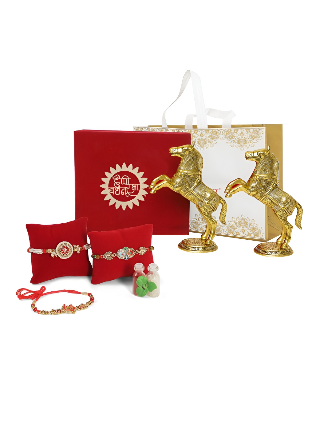 

INTERNATIONAL GIFT Set Of 3 Rakhis With 2 Horse Statue Showpiece, Gold