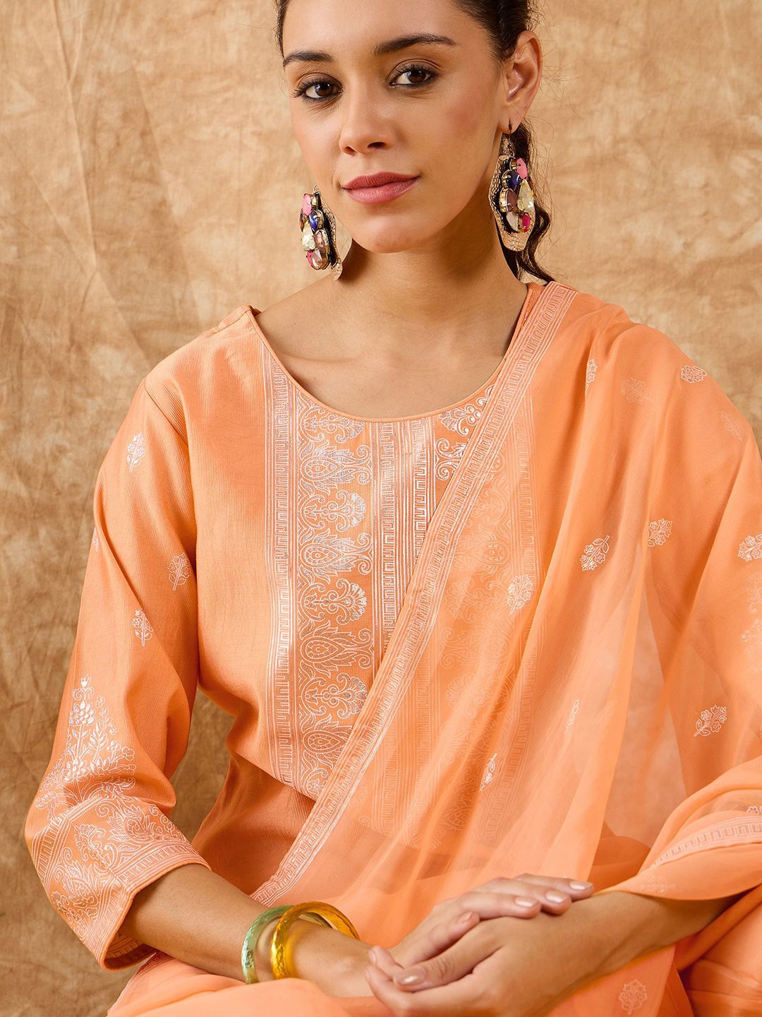 

Indo Era Ethnic Motifs Printed Straight Liva Kurta with Trousers & Dupatta, Peach