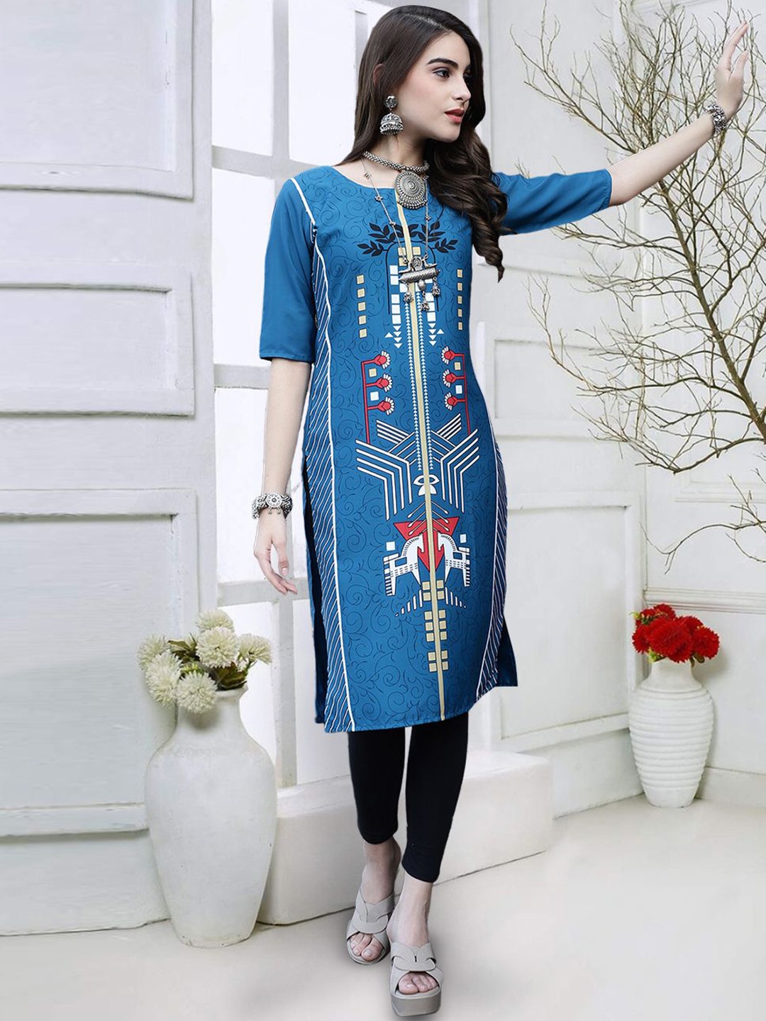 

7Threads Women Striped Thread Work Floral Crepe Kurta, Multi