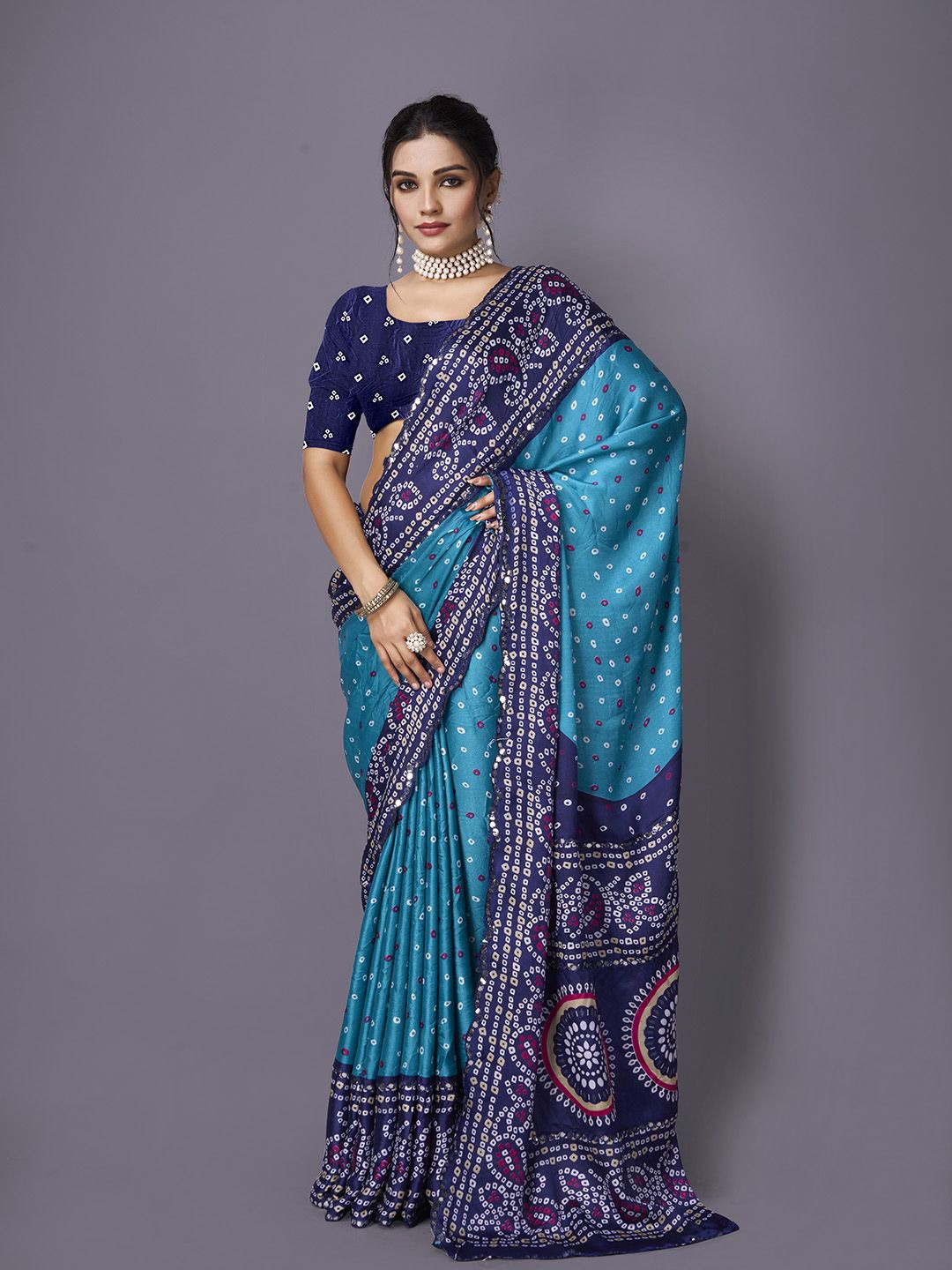 

NIRMAL CREATION mirror work bandhani saree, Blue