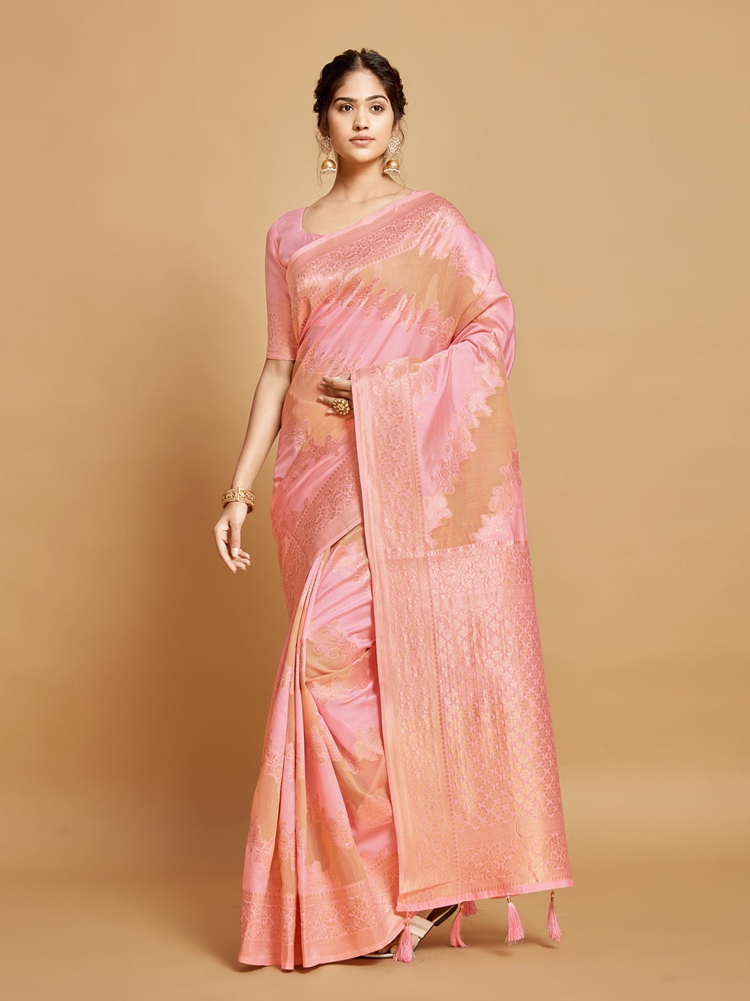 

Jinal & Jinal Woven Design Zari Pure Linen Banarasi Saree, Pink