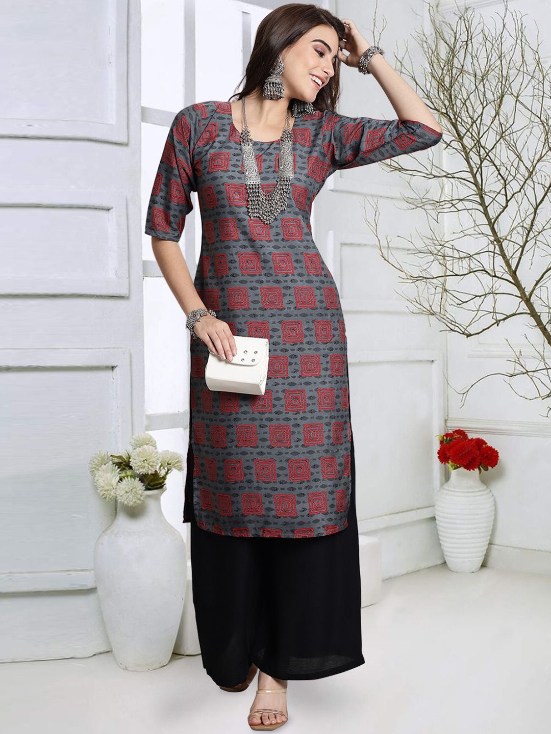 

7Threads Geometric Printed Round Neck Straight Kurta, Grey
