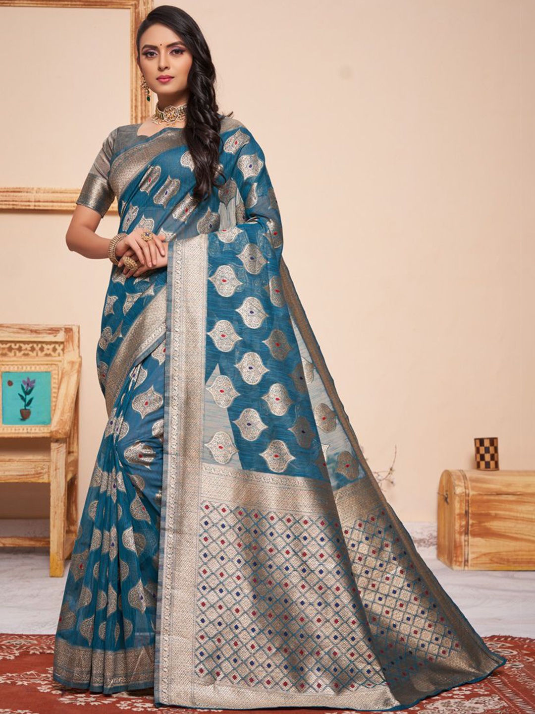 

ASISA Woven Design Zari Silk Cotton Saree, Teal