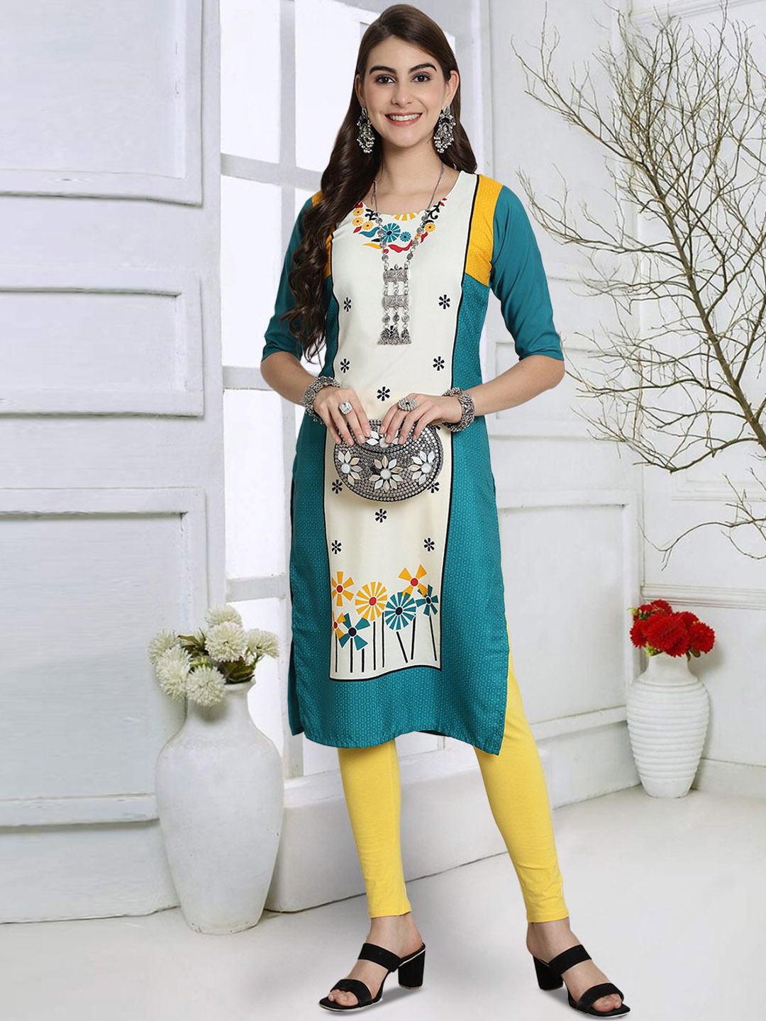 

7Threads Floral Printed Straight Kurta, Teal