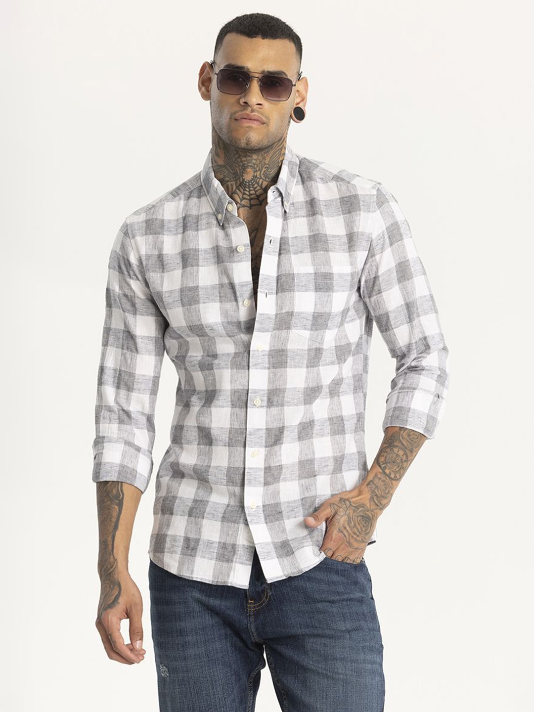 

Snitch Men Smart Button-Down Collar Tartan Checked Linen Slim Fit Casual Shirt, Grey