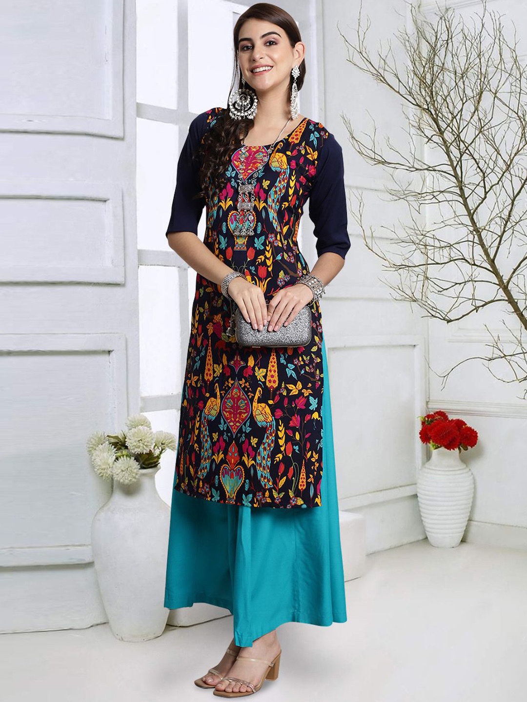 

7Threads Floral Printed Crepe Straight Kurta, Navy blue