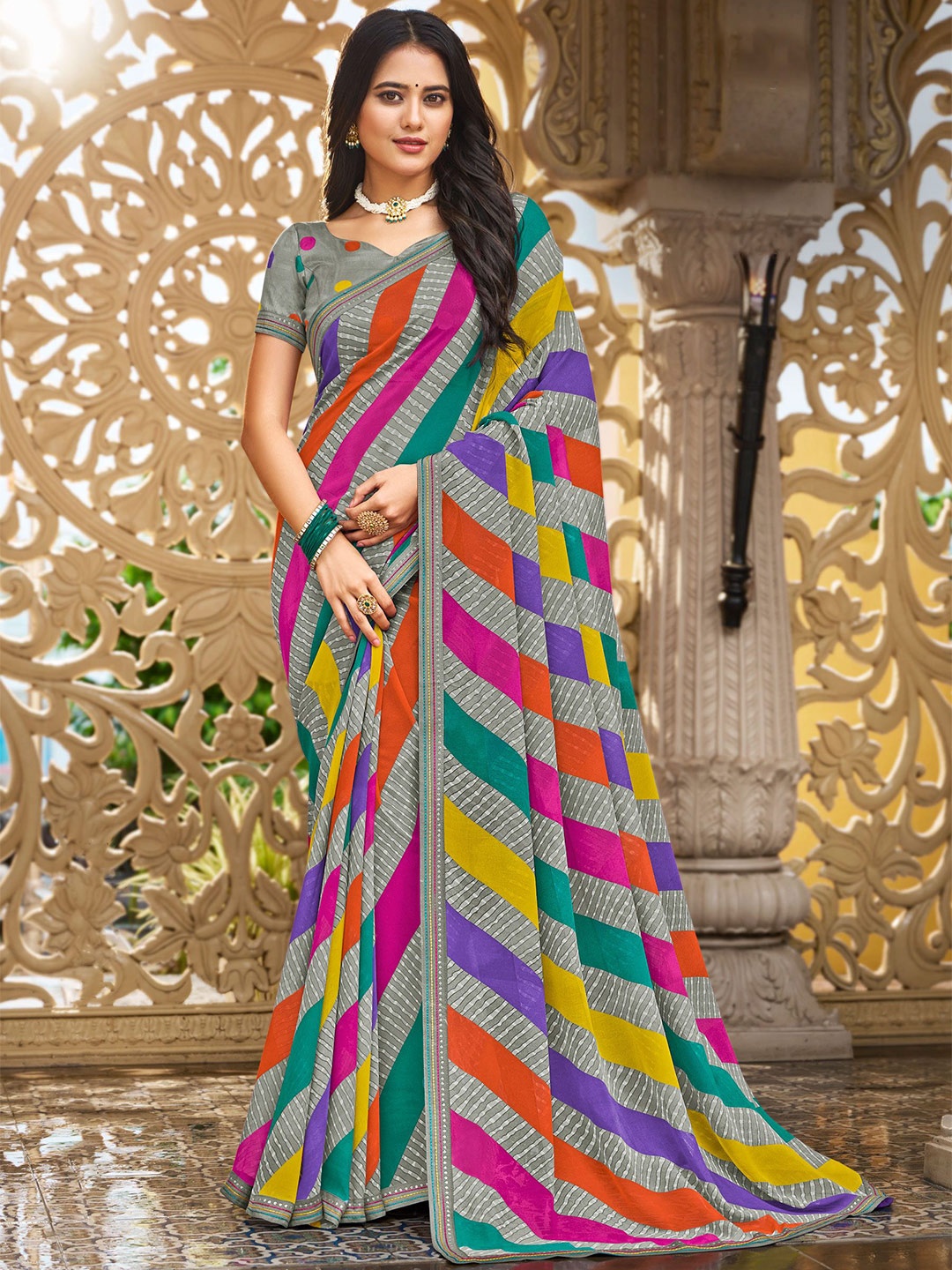 

Laxmipati Striped Sequinned striped Poly Georgette Saree, Grey