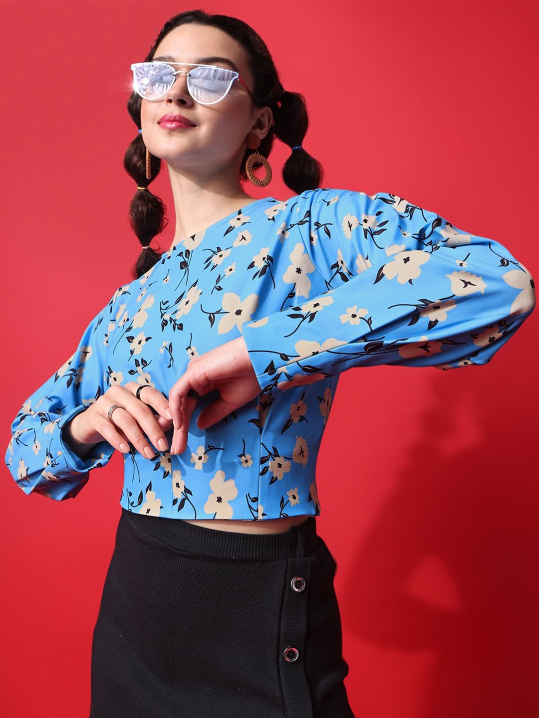 

PURVAJA Floral Print Crop Top, Blue