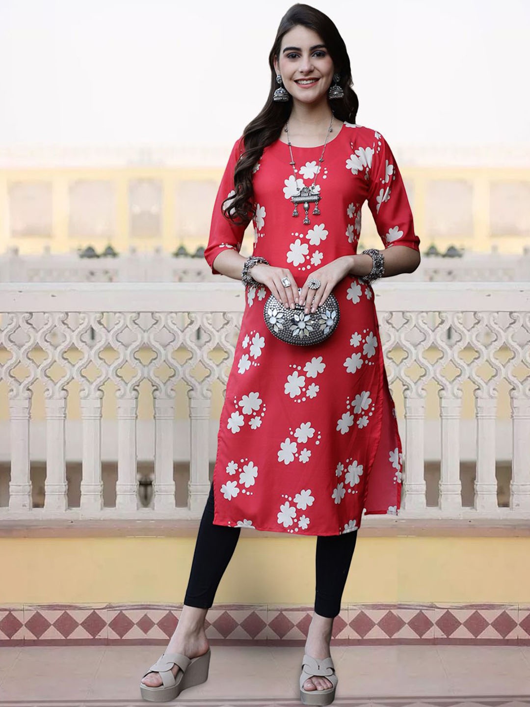 

7Threads Ethnic Motifs Printed Round Neck Crepe Straight Kurta, Red
