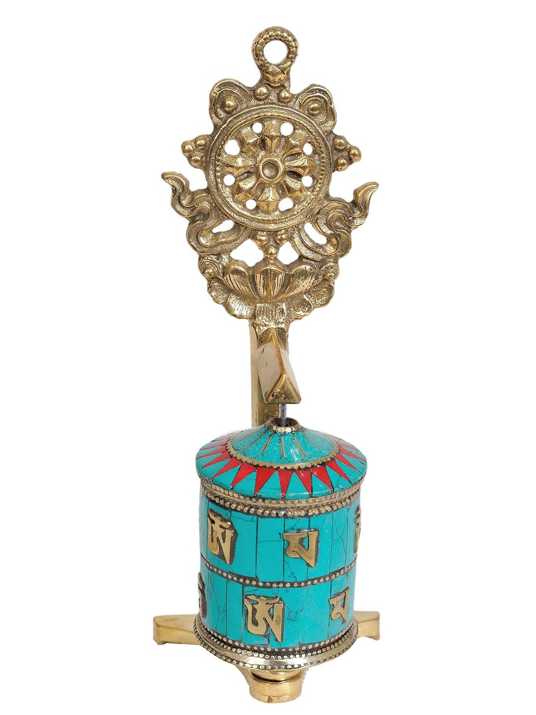 

Exotic India 7" Brass Dharma-Chakra Prayer Wheel, Blue