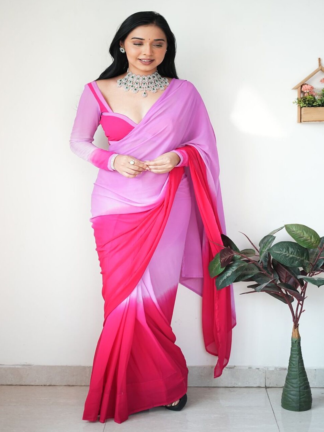 

SANJANA SILK Ombre Pure Georgette Saree, Pink