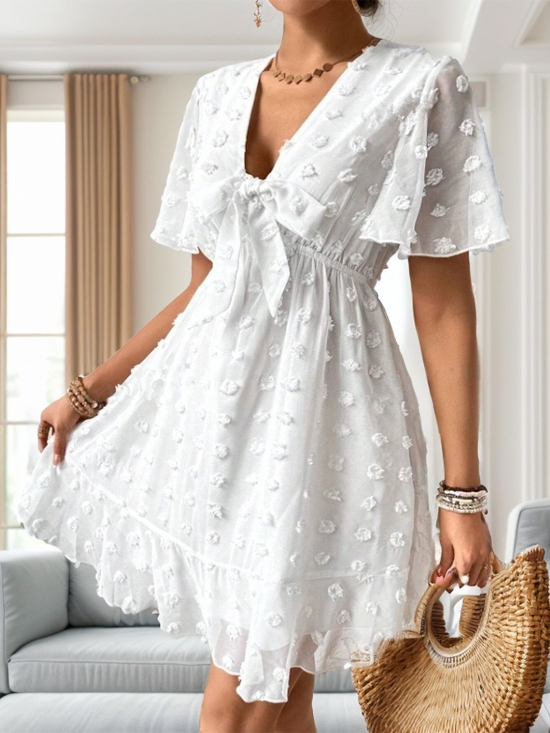 

HERE&NOW Flared Sleeve Chiffon Fit & Flare Dress, White
