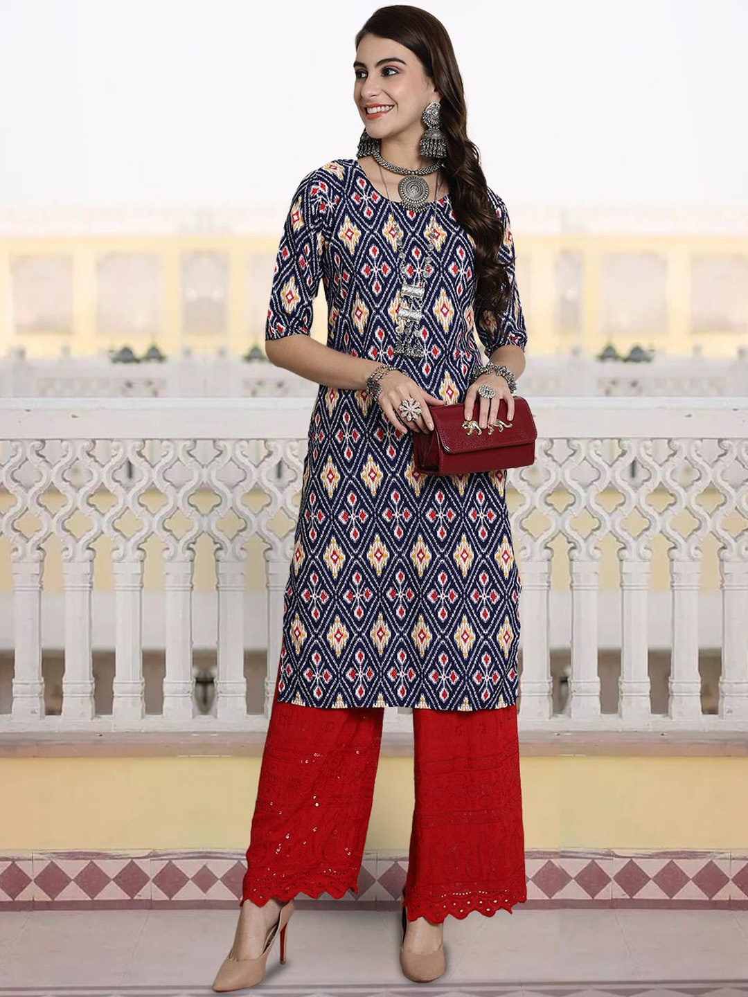 

7Threads Ethnic Motifs Printed Crepe Straight Kurta, Blue