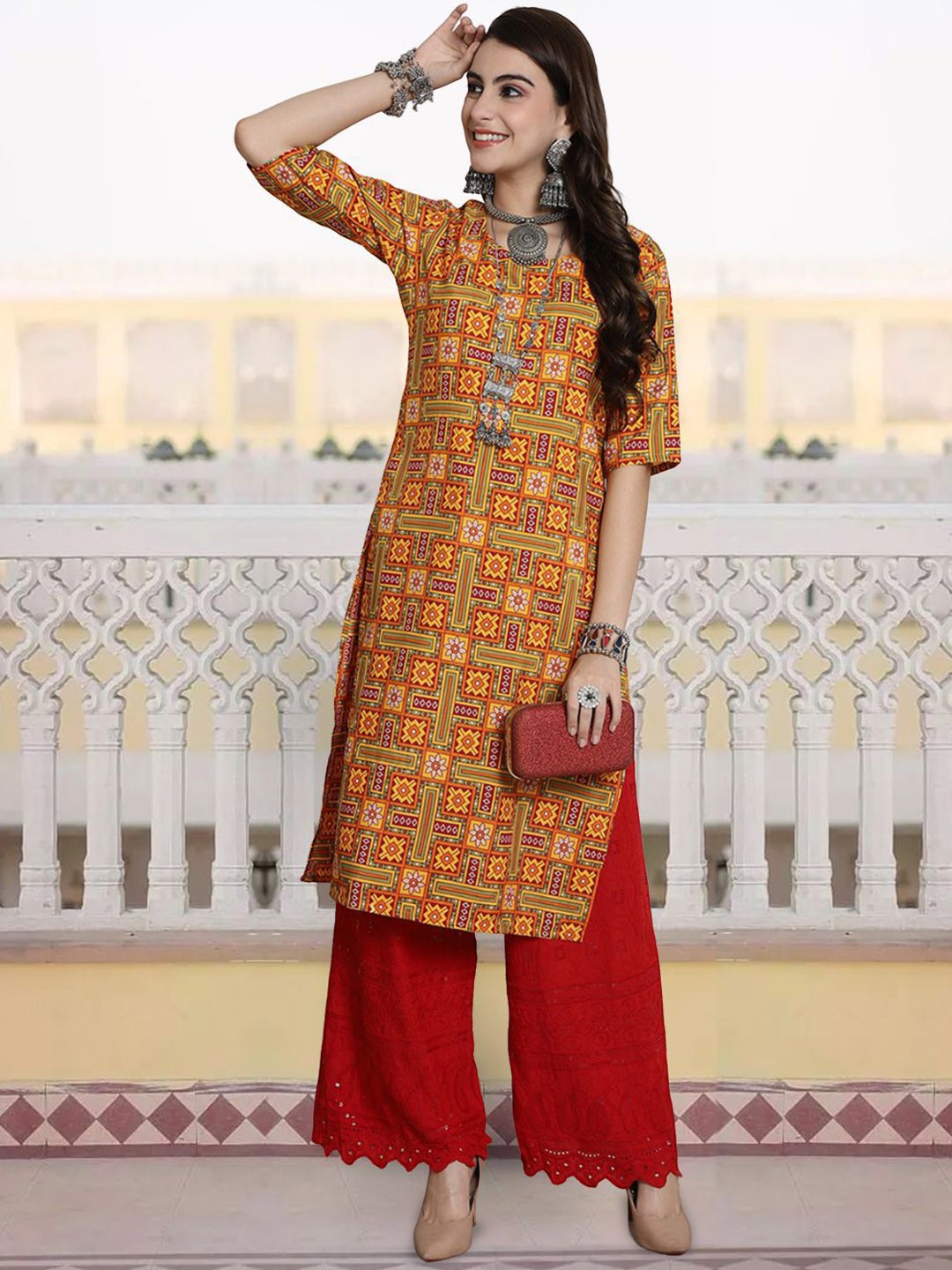 

7Threads Women Printed Keyhole Neck Sequinned Floral Crepe Kurta, Multi