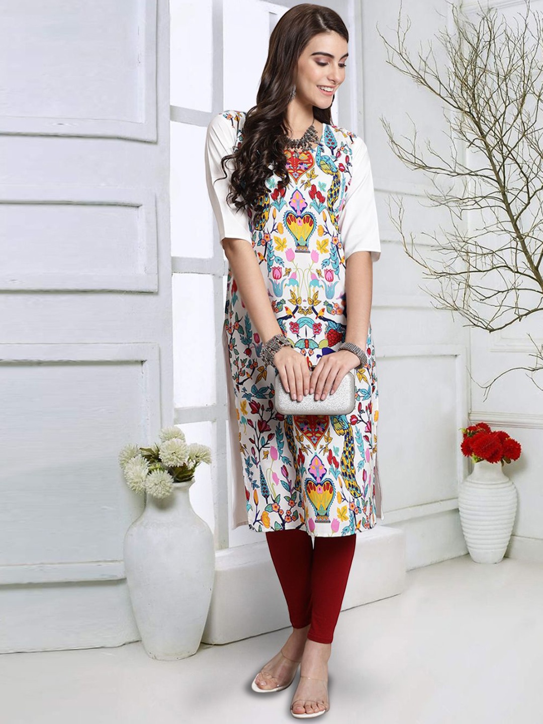

7Threads Floral Printed Round Neck Regular Crepe Straight Kurta, White