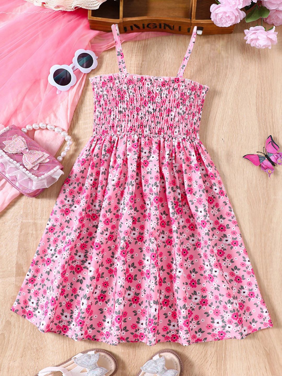 

INCLUD Girls Floral Printed Fit & Flare Dress, Pink