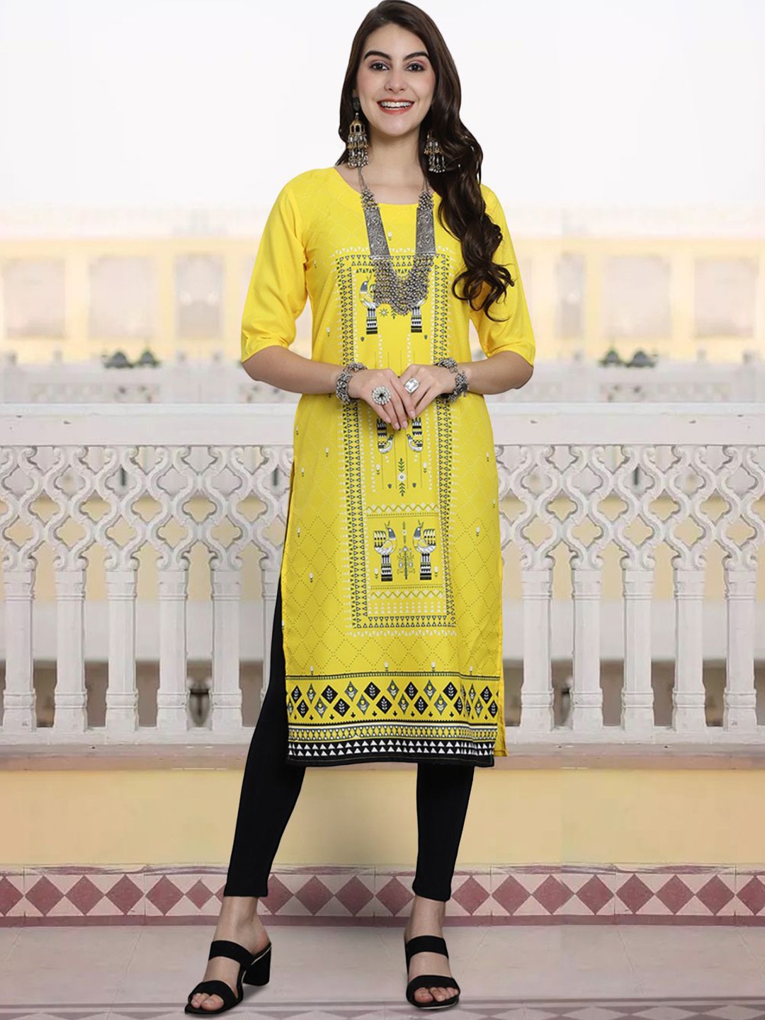 

7Threads Ethnic Motifs Printed Round Neck Straight Kurta, Yellow
