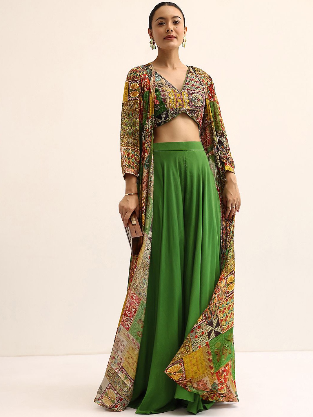 

KALKI Fashion Embroidered Crop Top With Palazzo & Shrug, Green