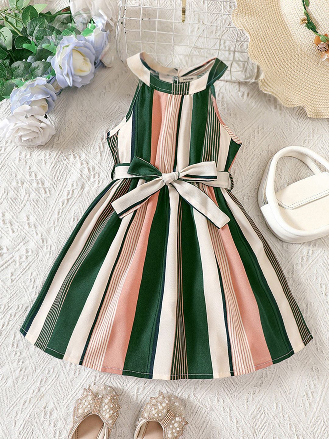 

INCLUD Kids-Girls Striped Fit & Flare Dress, Green