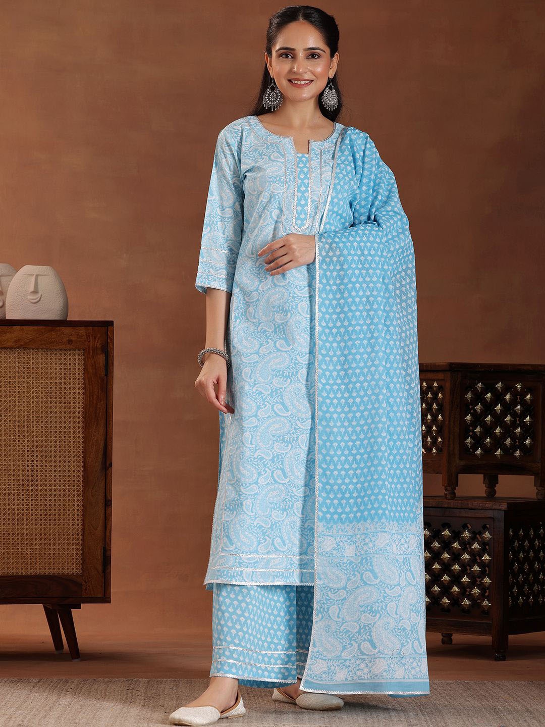 

Libas Paisley Printed Gotta Patti Pure Cotton Straight Kurta With Palazzo & Dupatta, Blue