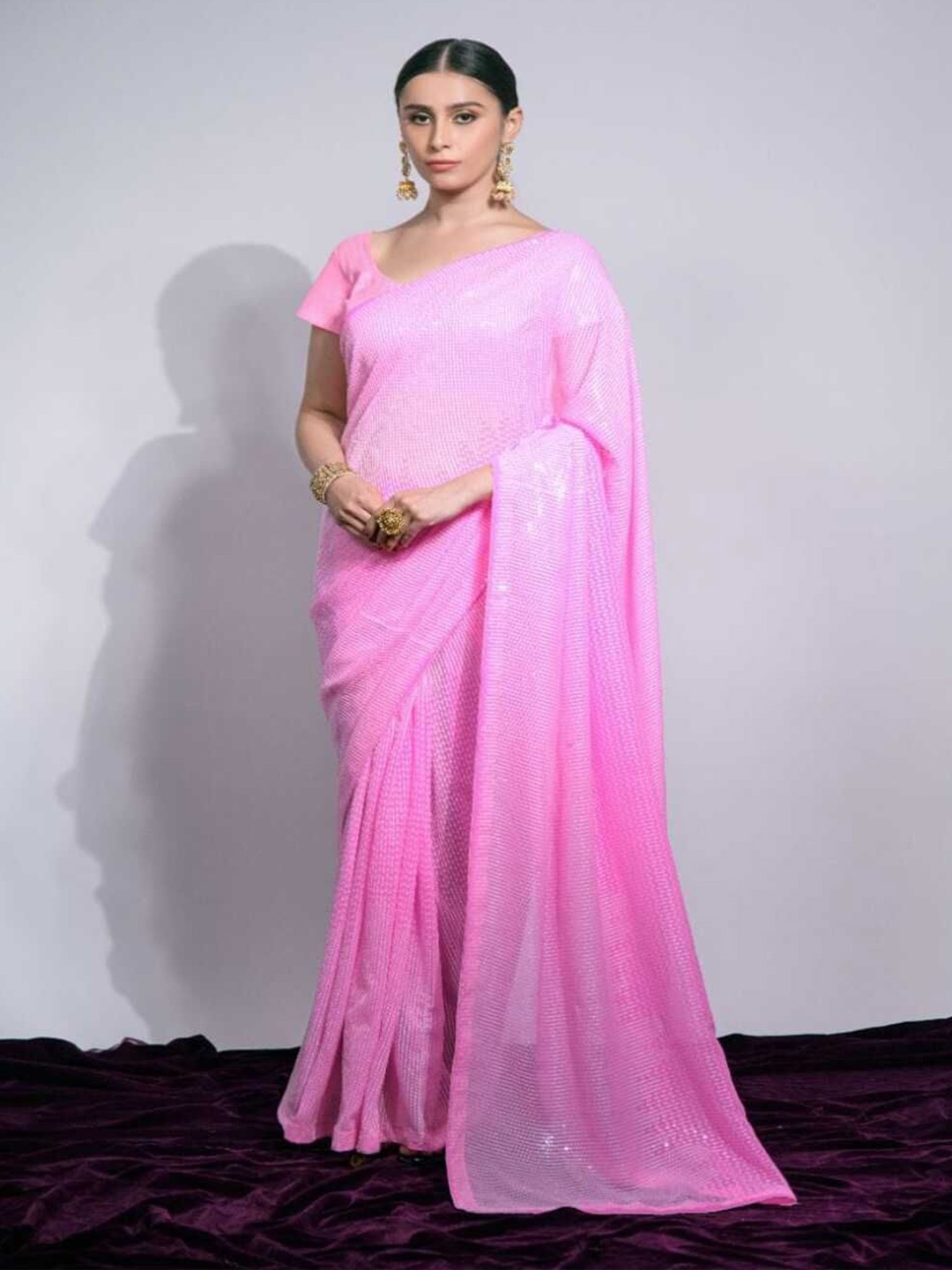 

SANJANA SILK Sequinned Pure Georgette Silk Saree, Pink