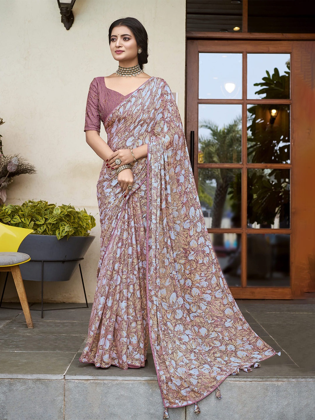 

NIRMAL CREATION Printed Pure Silk Floral Beads and Stones Saree, Mauve