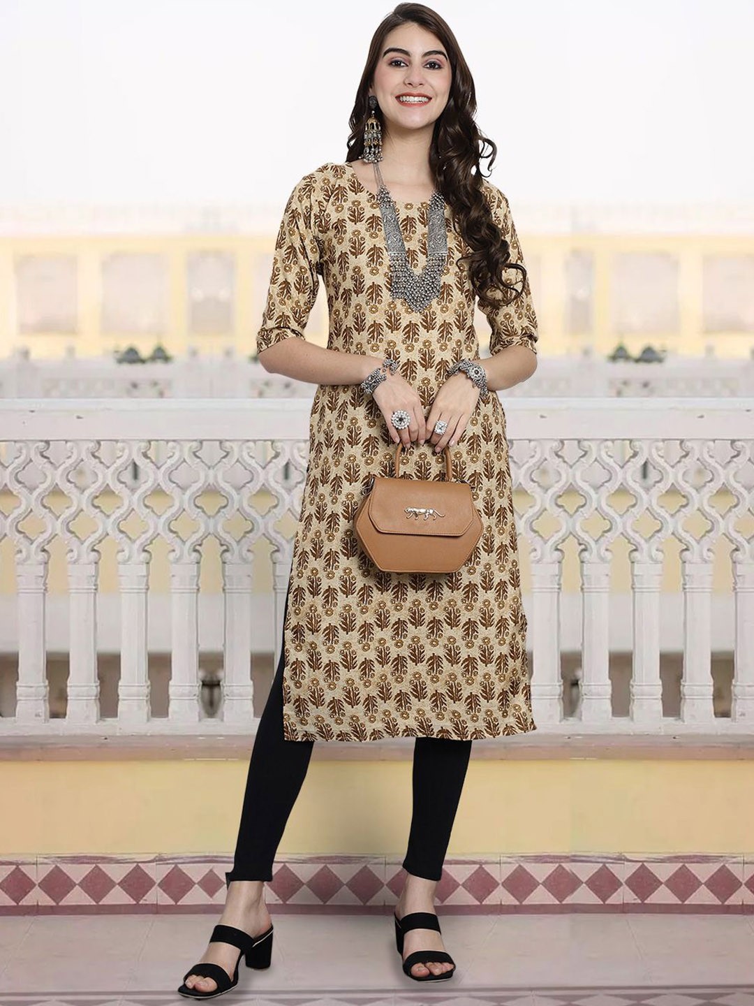 

7Threads Floral Printed Round Neck Straight Kurta, Beige