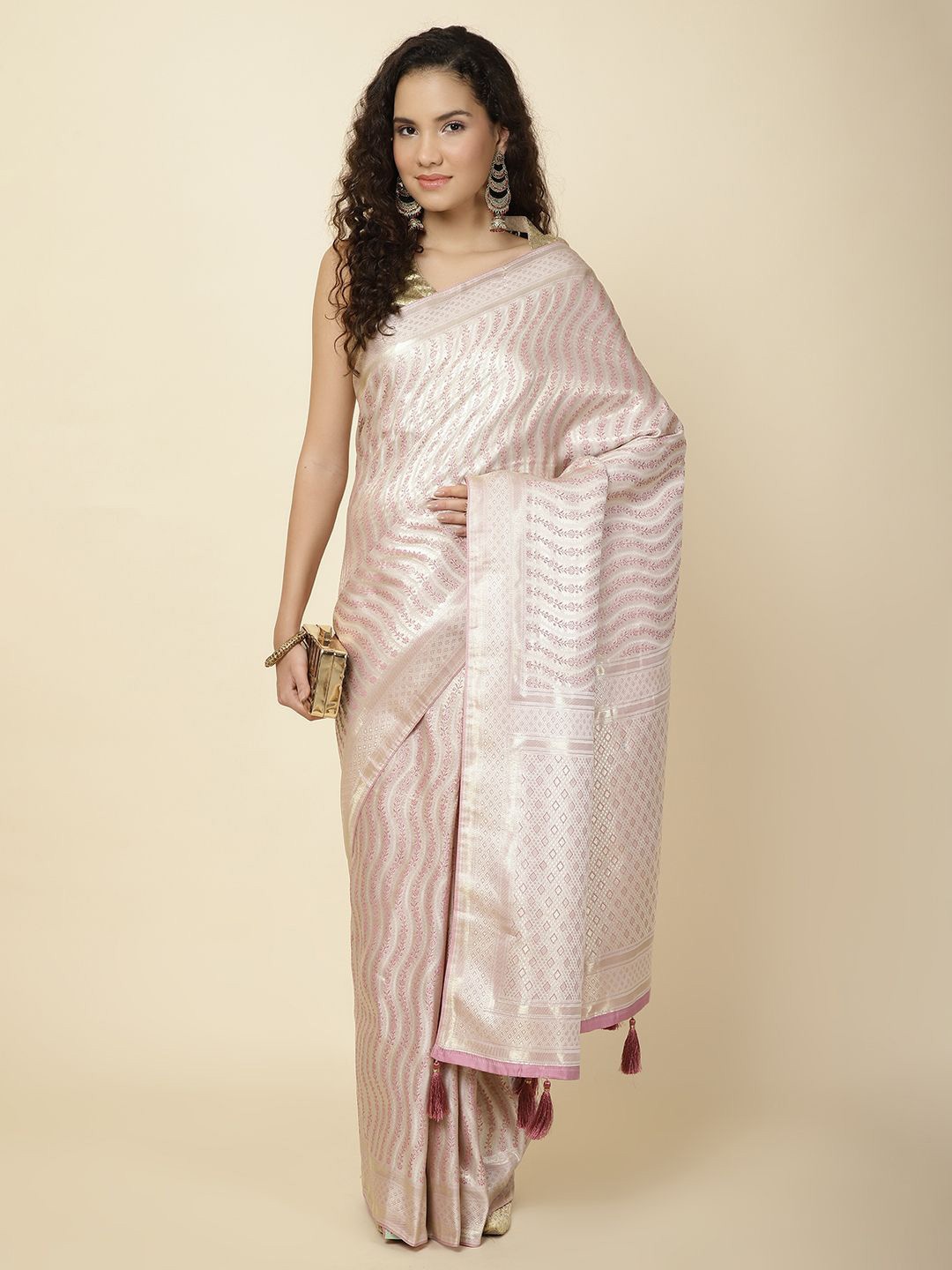 

Meena Bazaar Woven Design Zari Banarasi Saree, Pink