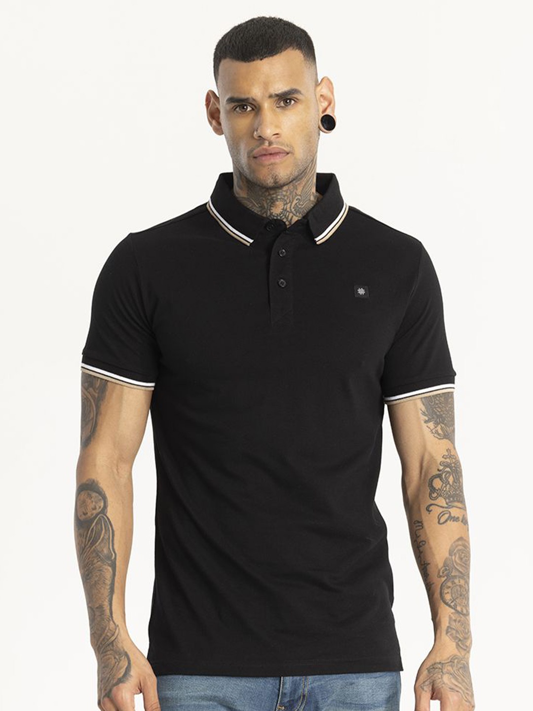 

Snitch Men Solid Polo Collar Cotton Slim Fit T-Shirt, Black