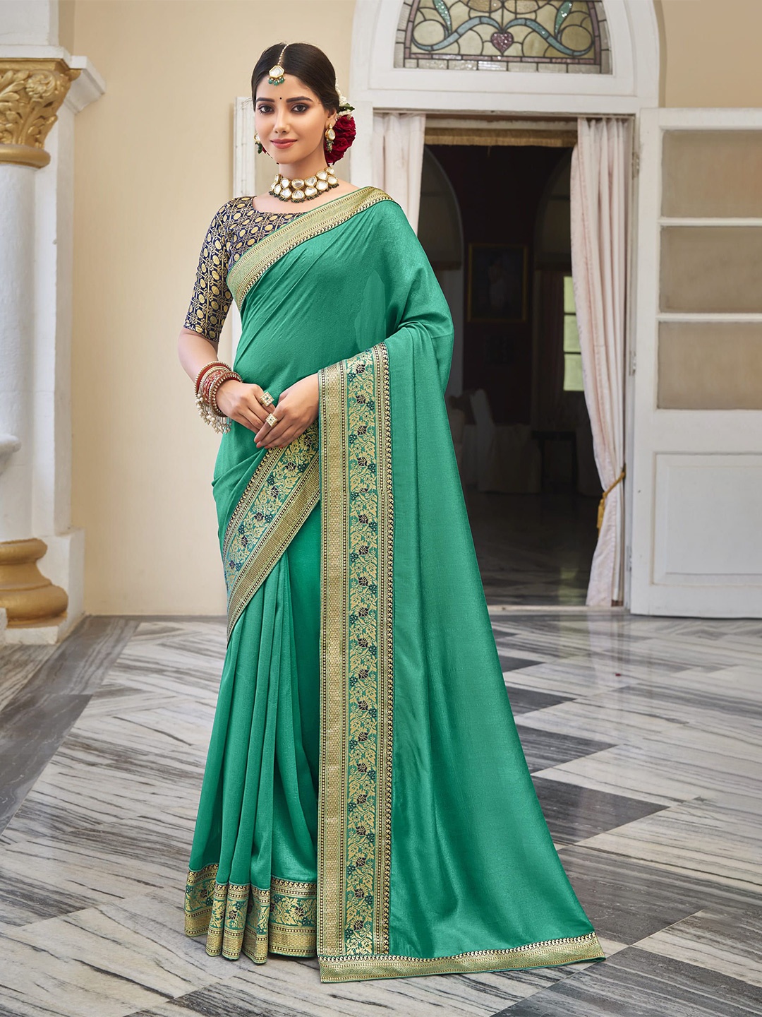 

NIRMAL CREATION Woven Design Zari Pure Silk Saree, Green
