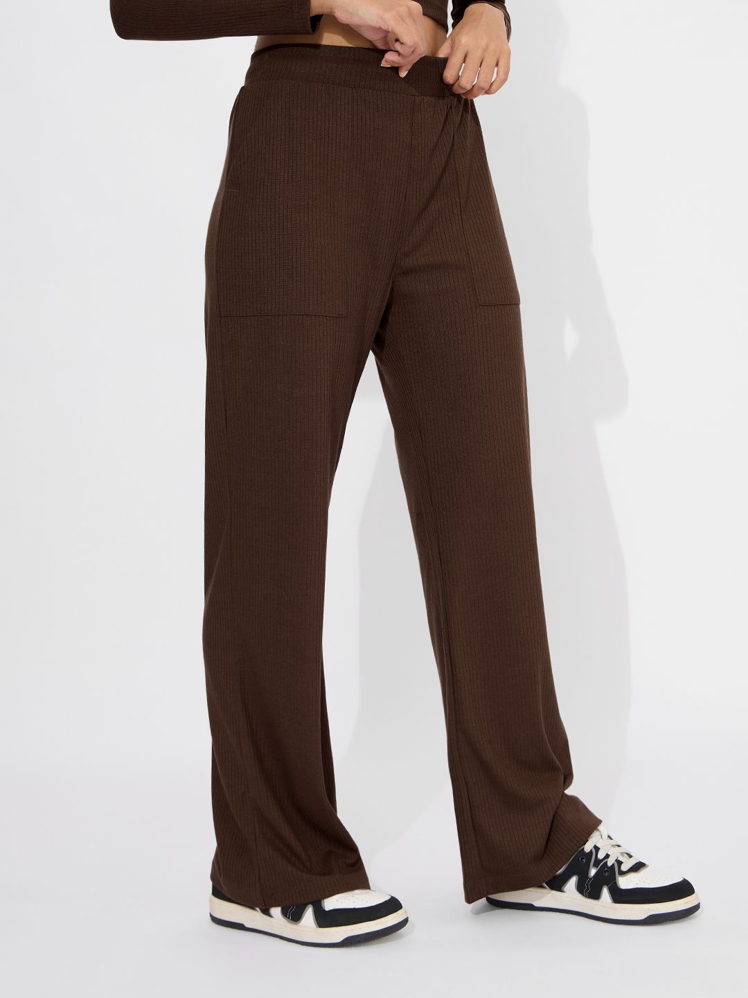 

The Souled Store Women Mid-Rise Loose Fit Ribbed Trousers, Brown