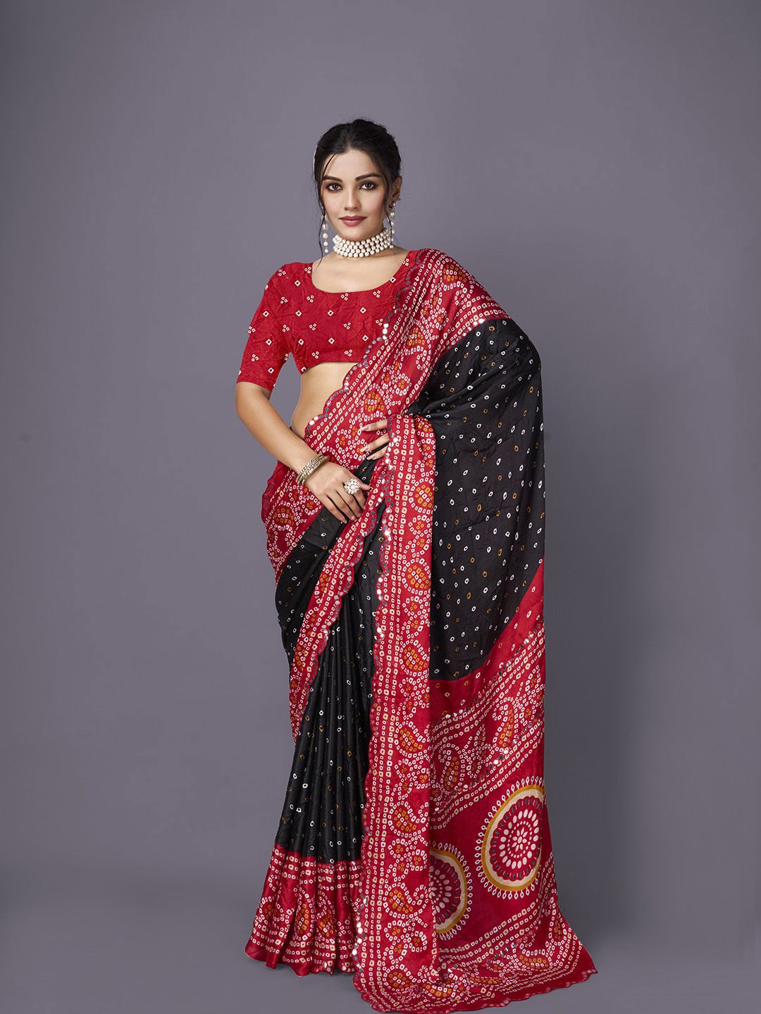 

NIRMAL CREATION Bandhani Mirror Work Saree, Black