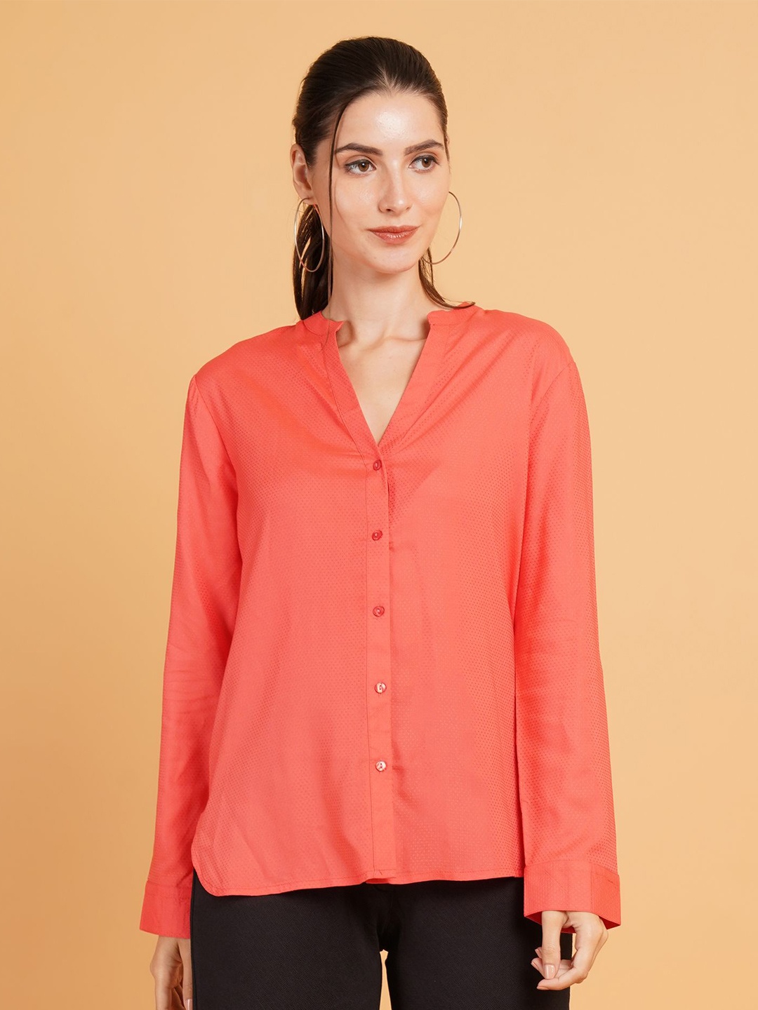 

IX IMPRESSION Women Relaxed Mandarin Collar Solid Cotton Oversized Semiformal Shirt, Orange