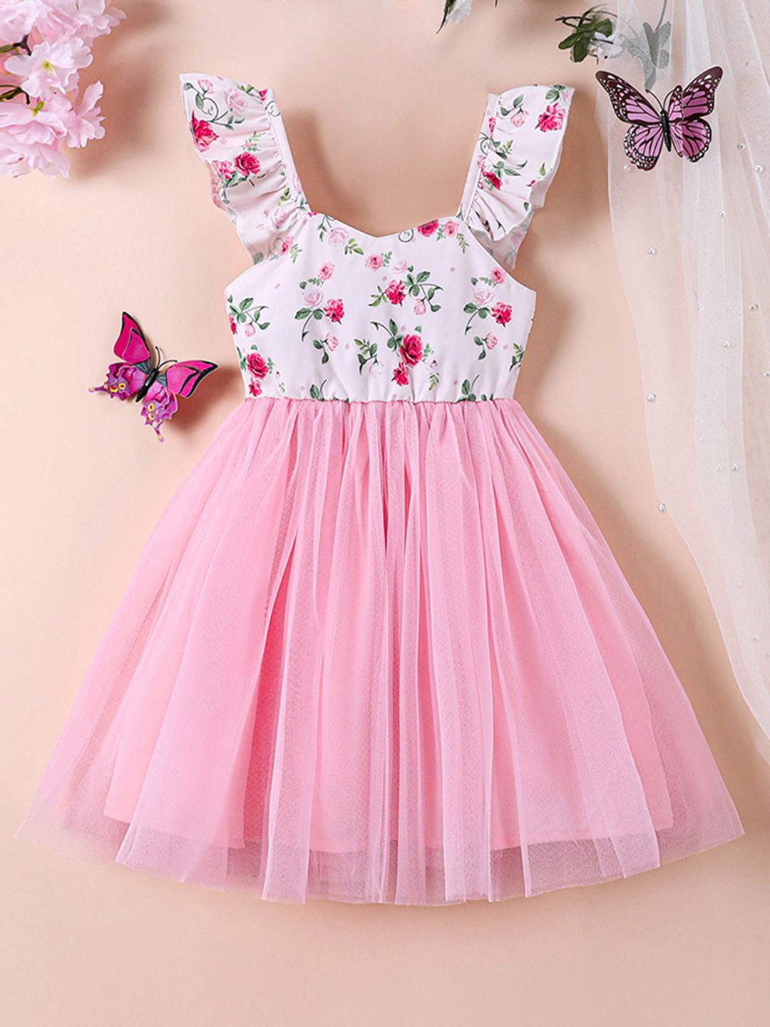 

INCLUD Floral Printed Flutter Sleeve Fit & Flare Dress, Pink