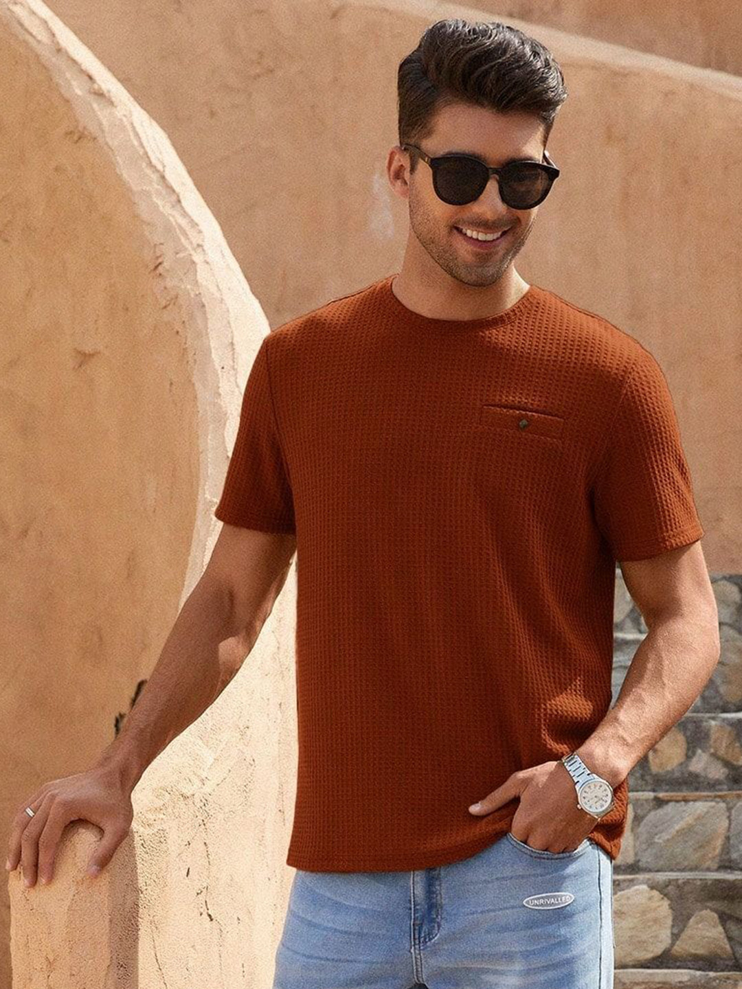 

TAGDO Men Solid Round Neck T-Shirt, Rust