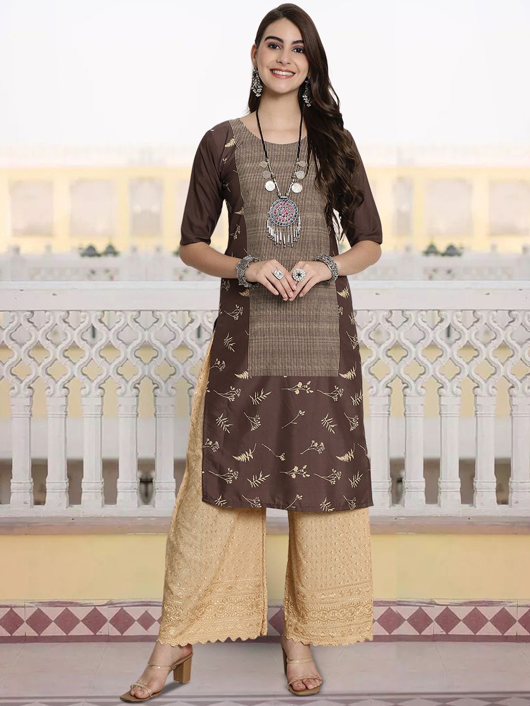 

7Threads Floral Printed Round Neck Straight Kurta, Brown