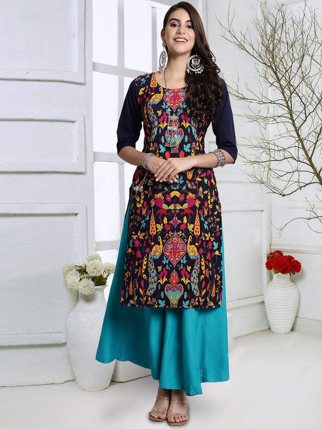 

7Threads Ethnic Motifs Printed Round Neck Crepe Straight Kurta, Navy blue