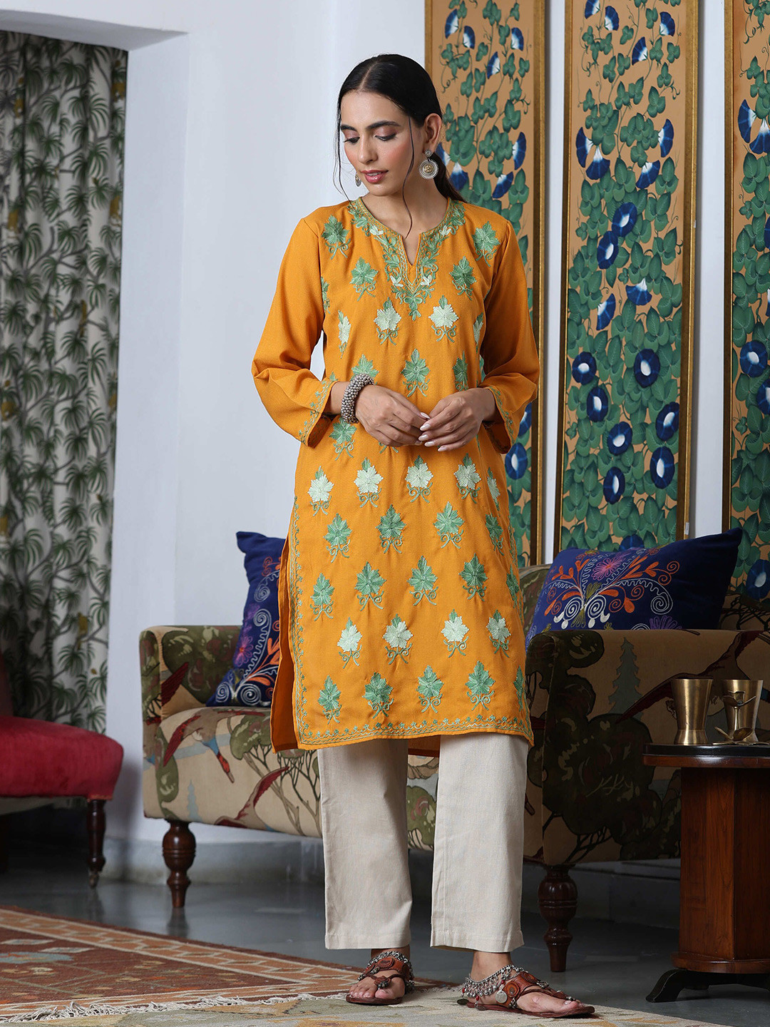 

House of Chikankari HOC Crafts Embroidered Woven Kurta, Mustard