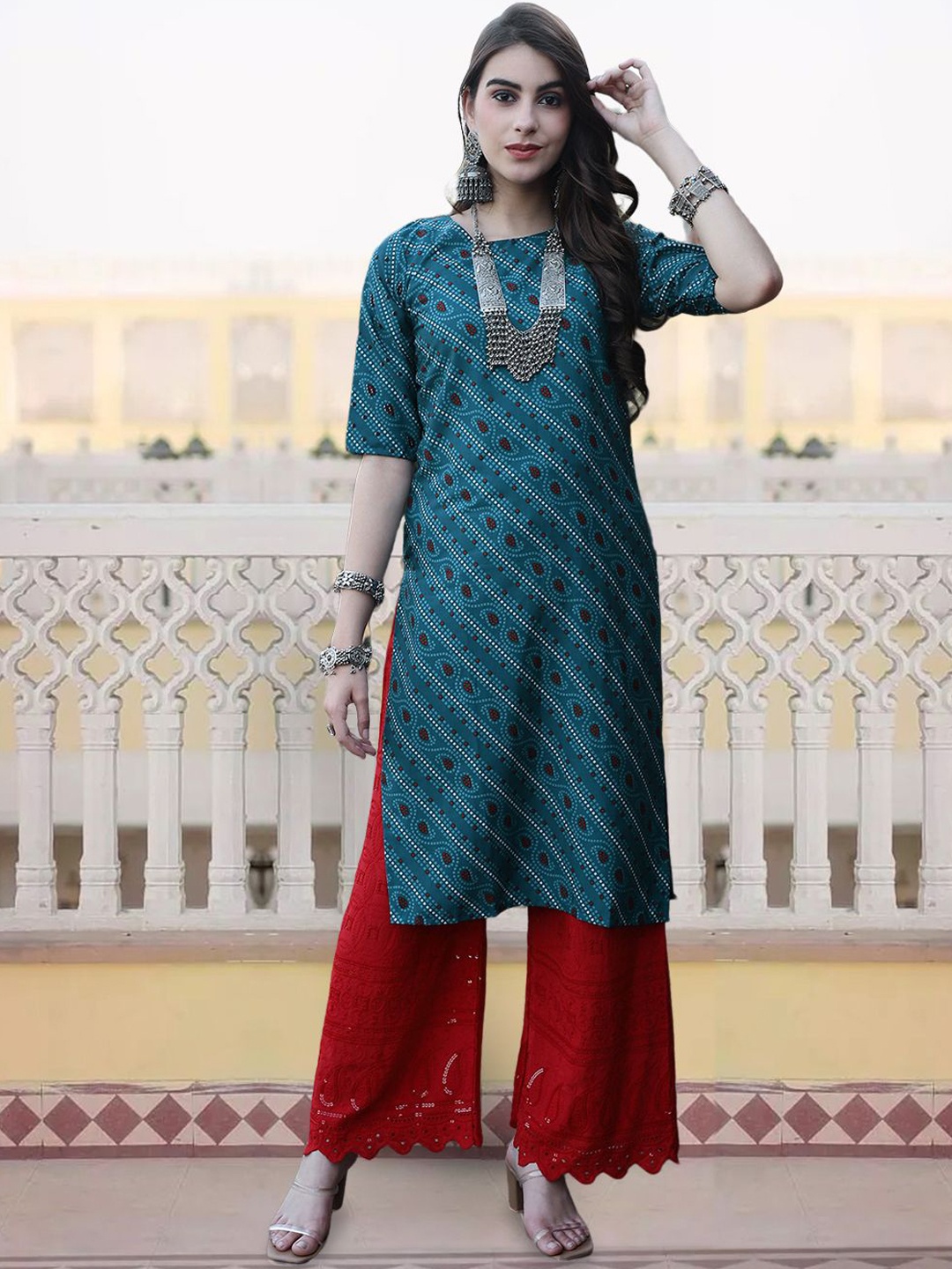 

KALINI Ethnic Motifs Printed Straight Kurta, Teal