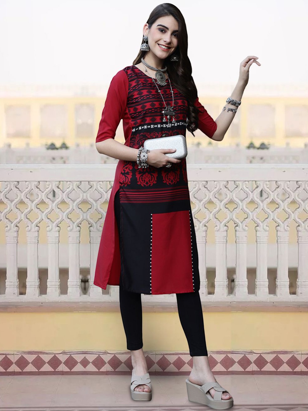 

7Threads Abstract Printed Straight Kurta, Red