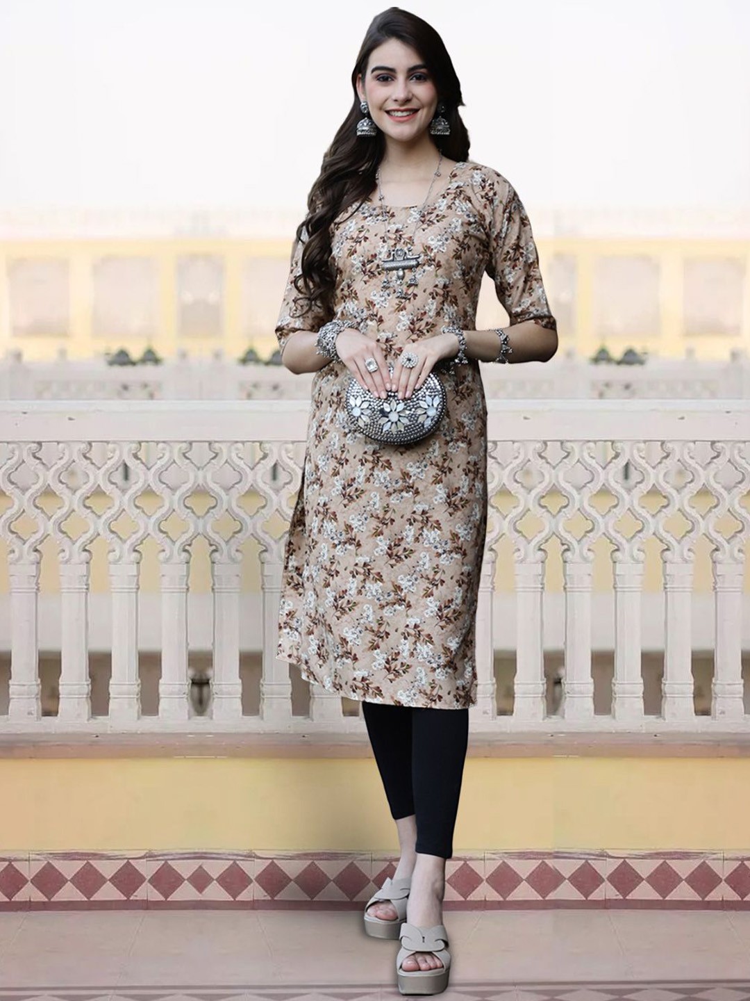 

7Threads Floral Printed Round Neck Straight Kurta, Beige