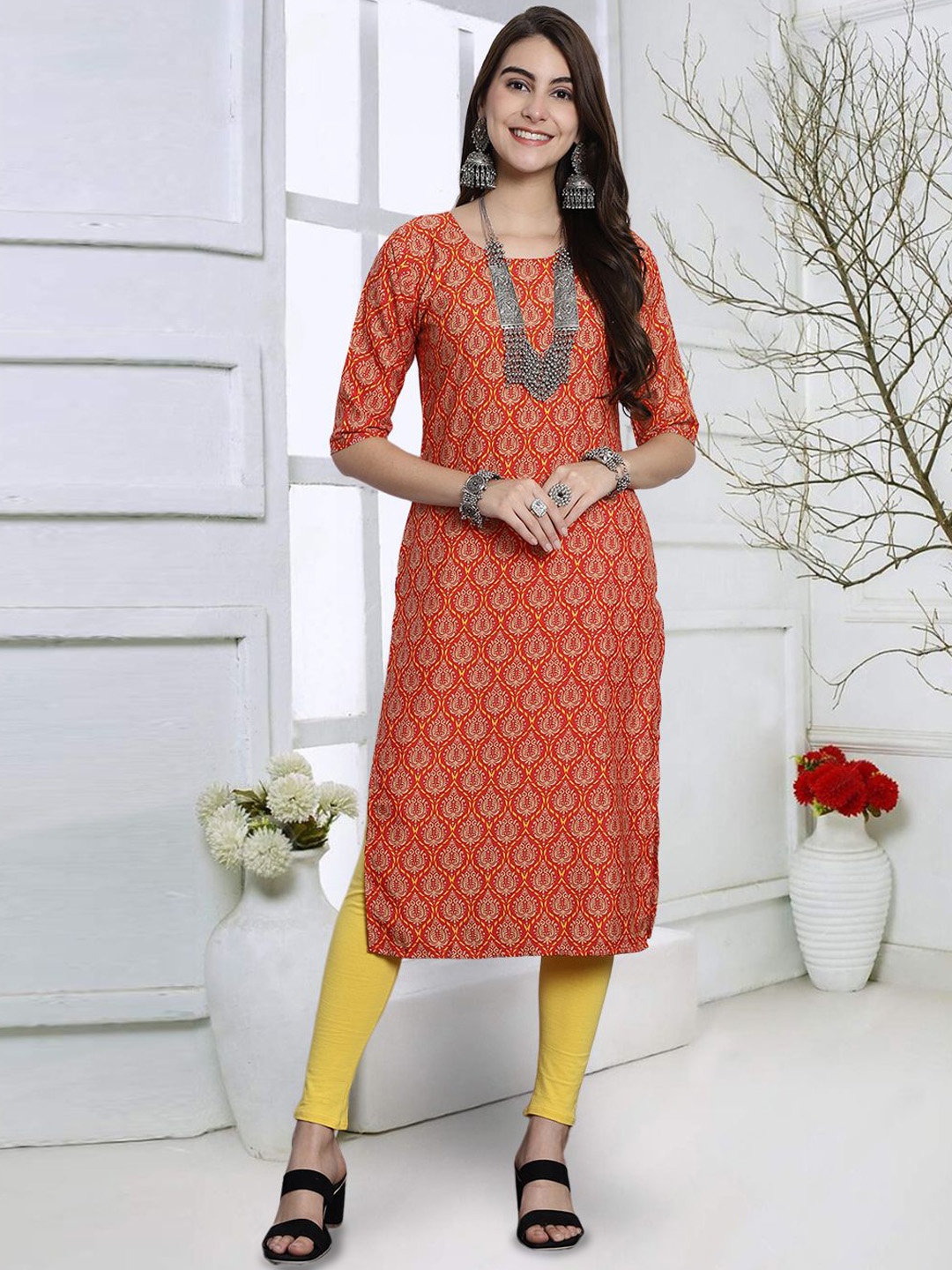 

7Threads Ethnic Motifs Printed Straight Kurta, Brown