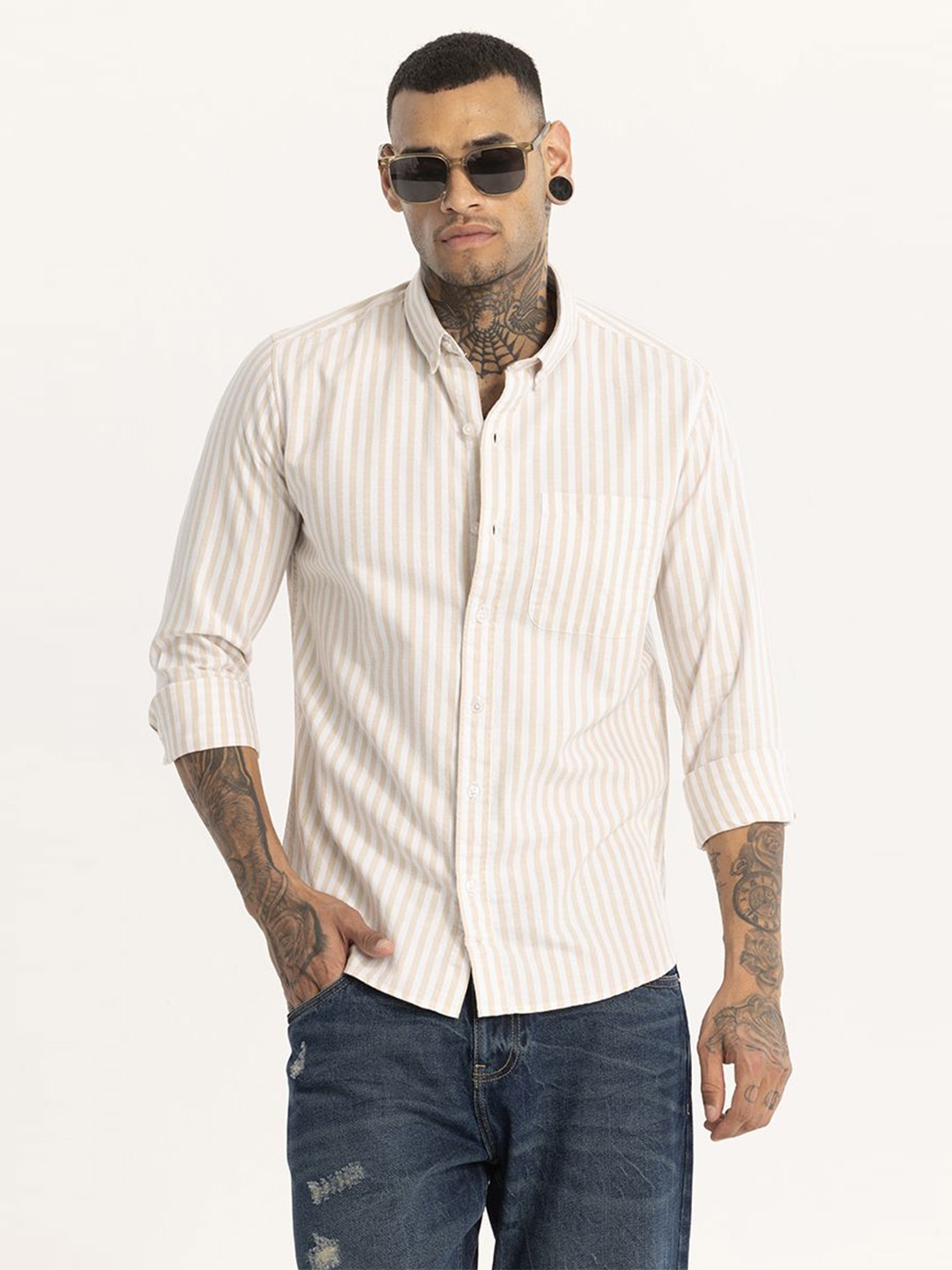 

Snitch Men Smart Button-Down Collar Striped Cotton Slim Fit Casual Shirt, Beige