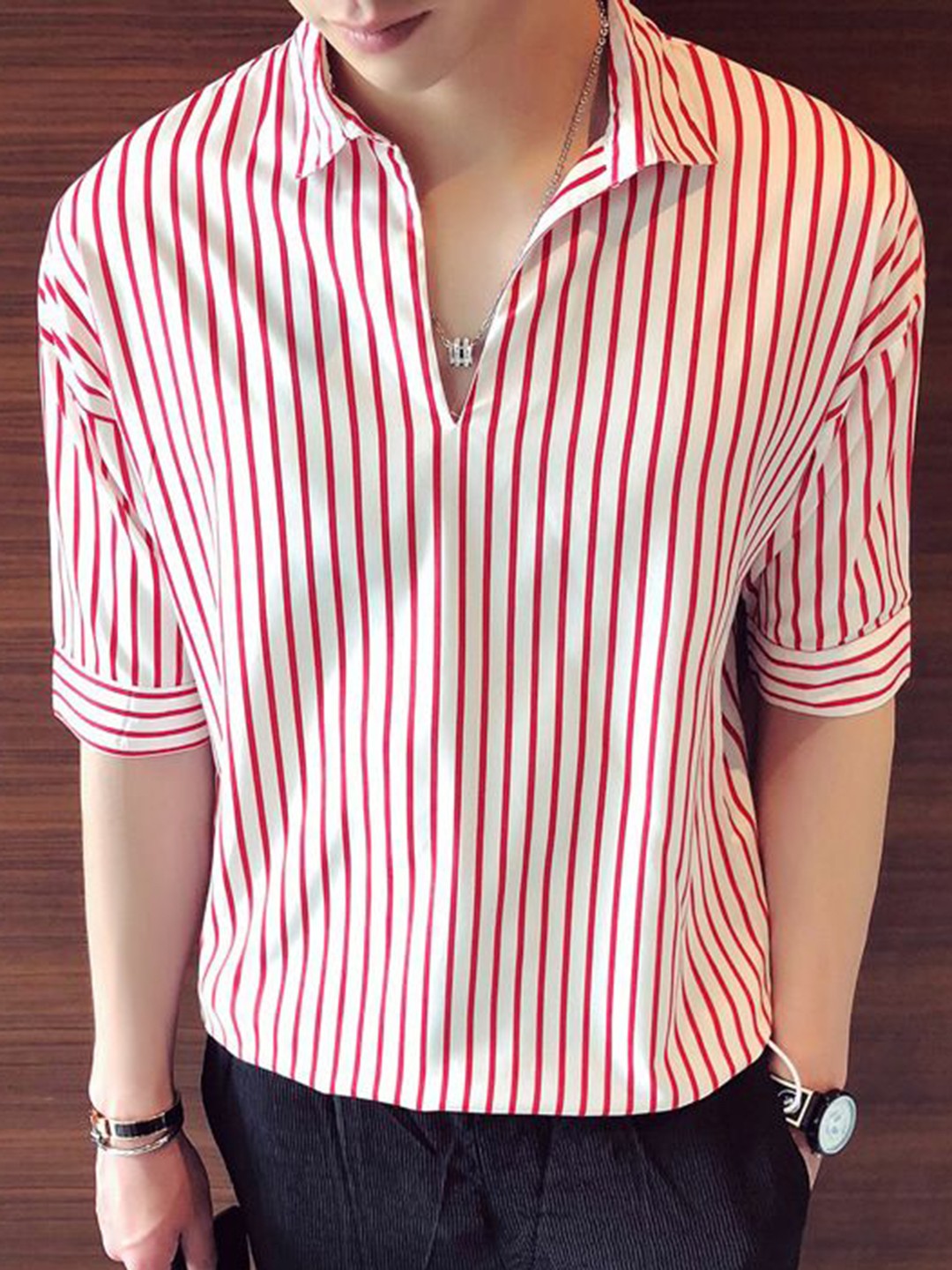 

StyleCast Men Slim Fit Multi Stripes Opaque Striped Party Shirt, Red