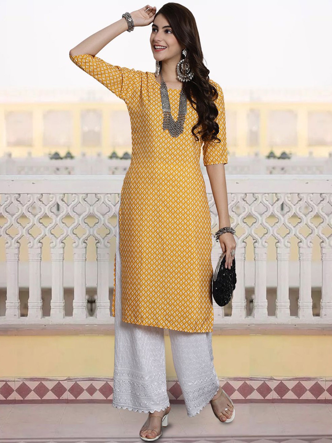 

7Threads Floral Printed Round Neck Straight Kurta, Yellow