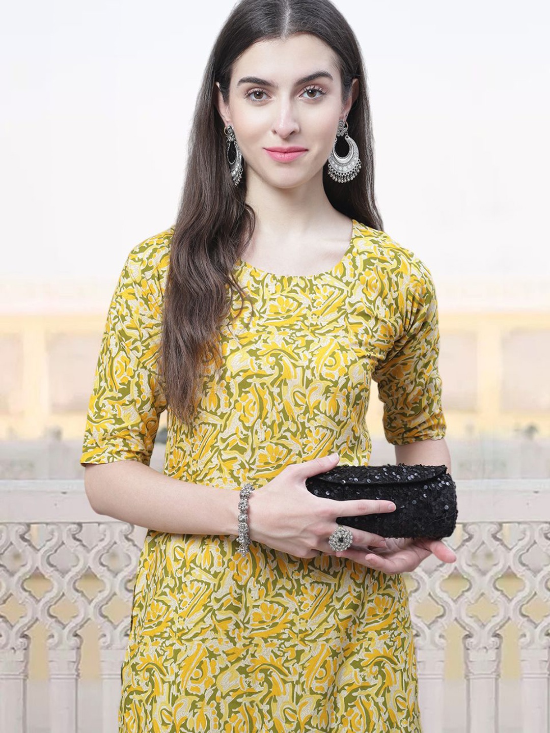 

7Threads Floral Printed Straight Kurta, Yellow