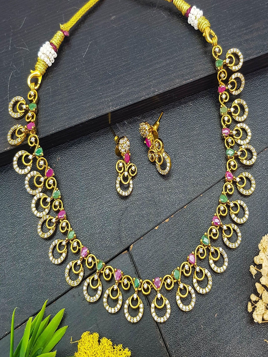 

GRIIHAM Sayara Collection Gold-Plated Cubic Zirconia Studded Elegant Necklace and Earrings